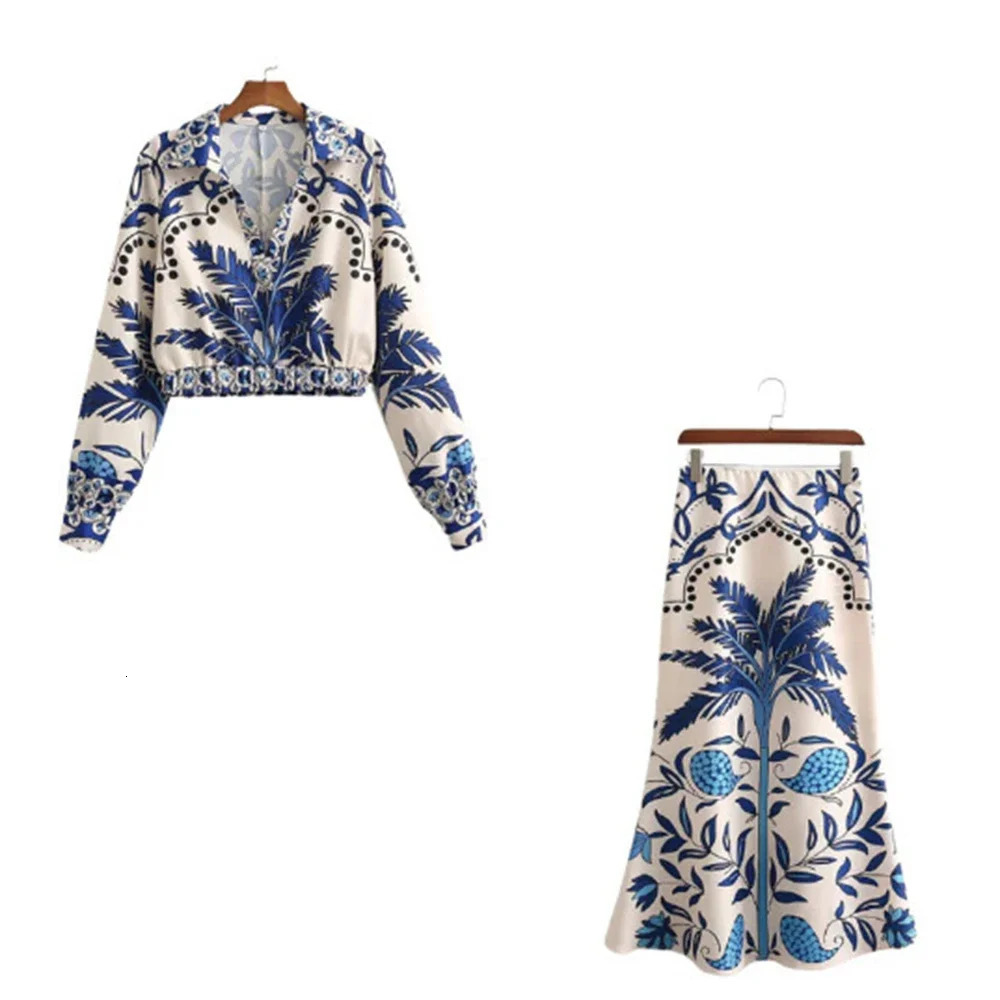 2025 Women Fashion Print Midi Skirts Set Woman 2 Pieces Women Suit Female Long Sleeve Blouses Tops Vintage Casual Sets 250609