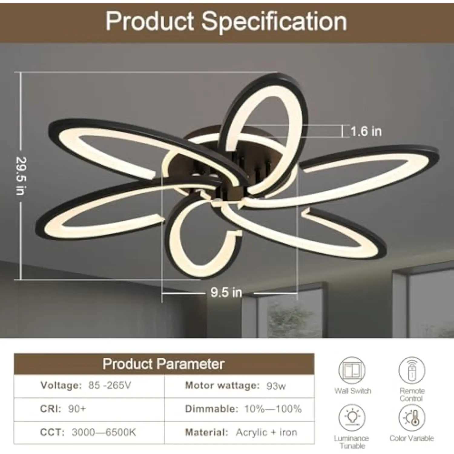 Modern LED Ceiling Light 6+1 Rings 93W Dimmable Ceiling Light Fixtures 29.5 3000K-6500K Flush Mount Black Flower Ceiling Lamp XJ2500613