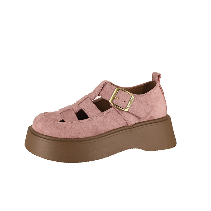 Ddmyoutdoor Summer New Thick Soled Woven Bag Sandals Korean Mid Heel Single Hollow Solid Color Fashion Leather Shoes For Women Outdoor Shoes