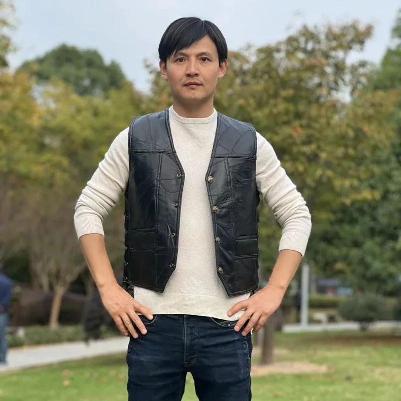 Men Motorcycle Vests Retro Black Cafe Street Leather Vest Chopper V Collar Lace Up Sides Jackets Large Size 250610A