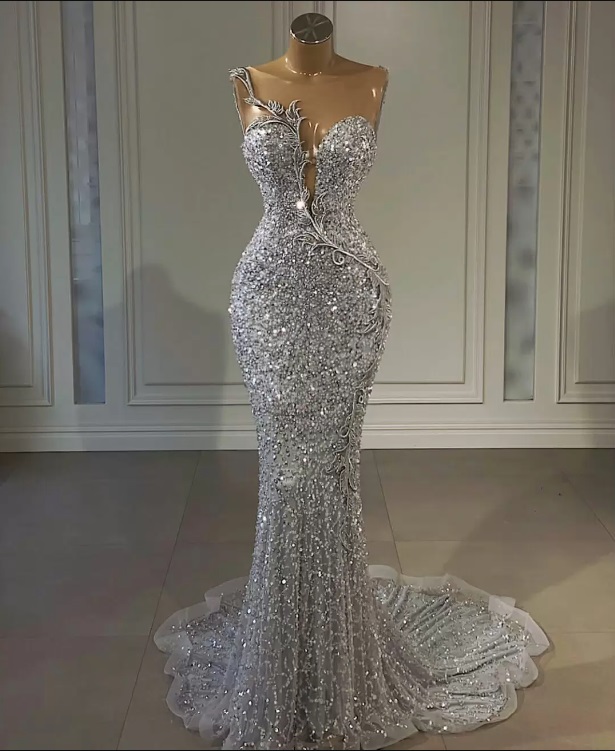 Luxury Silver Crystals Beads Evening Dress Lace Beaded Mermaid Prom Gowns Sheer Neck Elegant vestido de novia BC15289