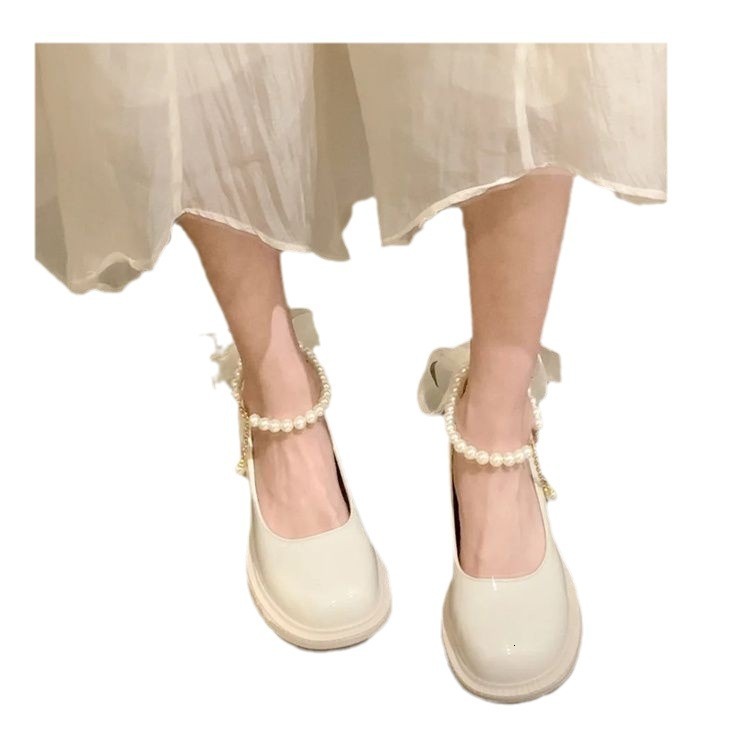Ddmysports Pearl Ribbon Mary Jane For Women Spring New Fashion Chunky Heel Non Slip British Style Small Leather Shoes Outdoor Shoes