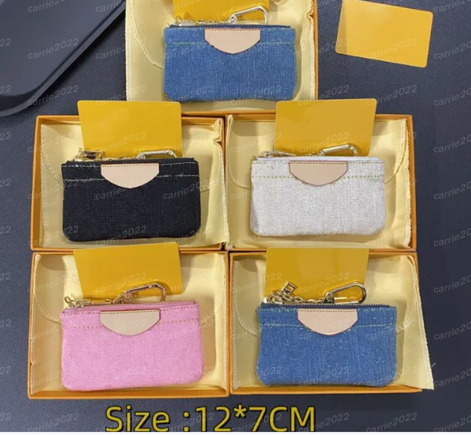 Pink Denim 10A Coin Purses Key Coins Pouch Genuine Leather Holders Purse CLES Designer Womens Mens Key Ring Credit Card Holder Mini Wallet Bag Canvas With box