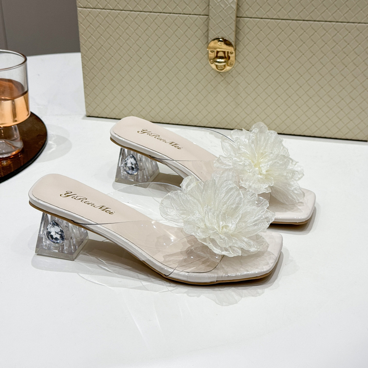 Ddmyoutdoor Chinese Style National Trend High Heel For Women Outdoor Summer New Fashion Flower Pearl One Word Slippers Sandals Outdoor Shoes