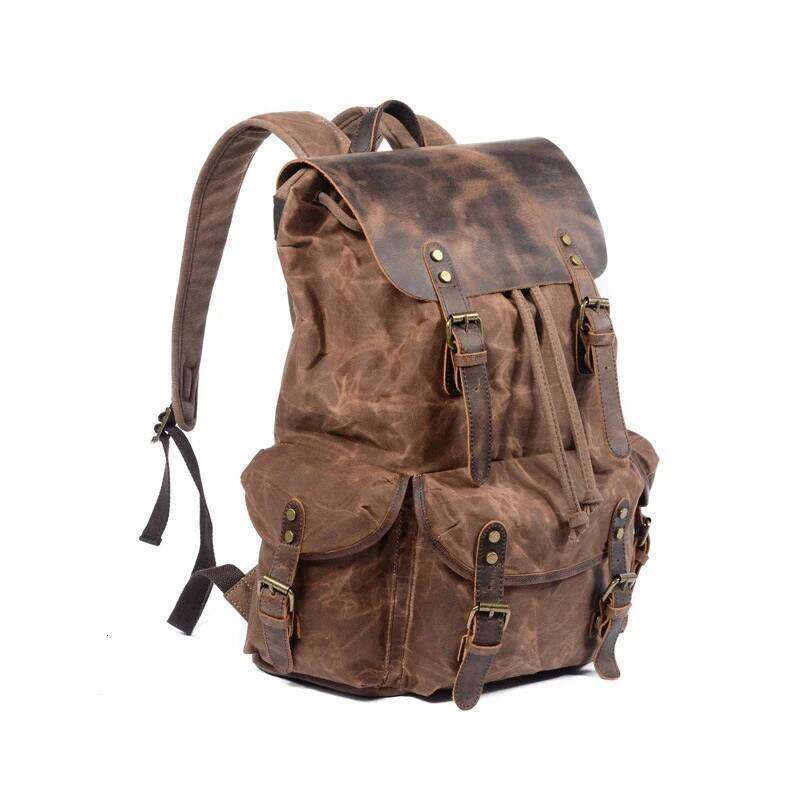 Vintage Crazy Horse Leather And Wax Canvas Backpack Waterproof Large Capacity Bag Outdoor Camping Travel Mochila