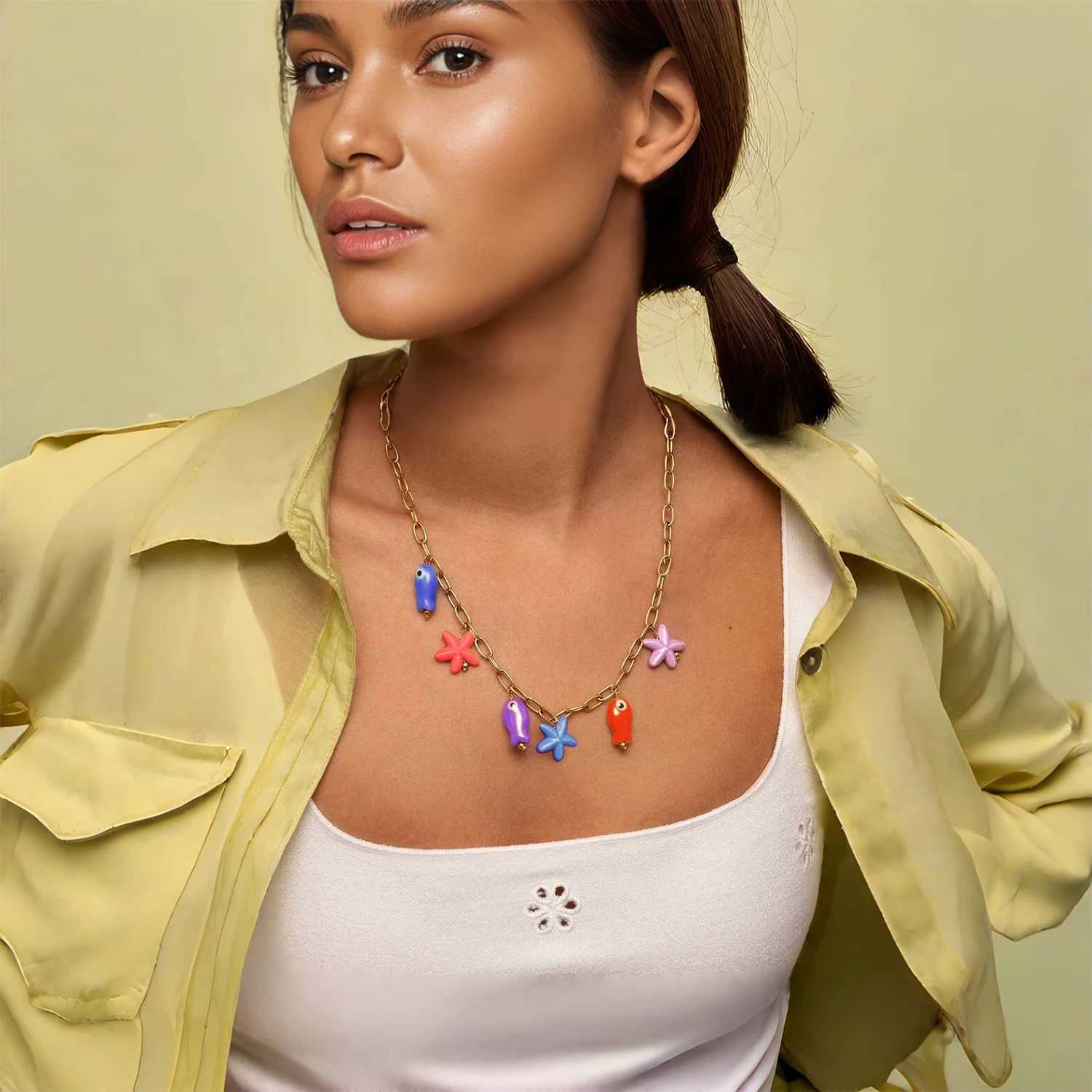Ceramic Fish Starfish Pendant Necklace for Women 18K Gold Plated Stainless Steel Vibrant Dopamine Jewelry Hypoallergenic Gift Z250614