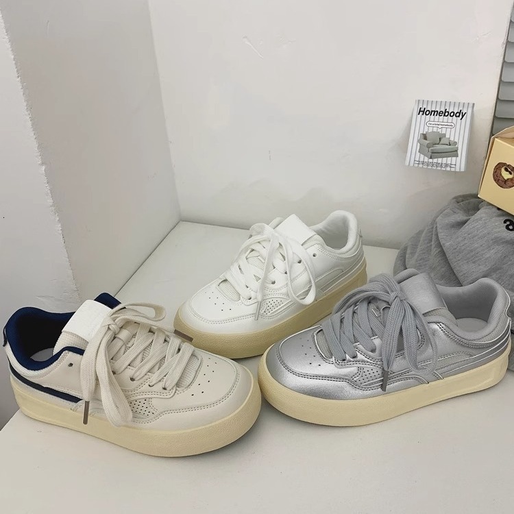 Ddmysports Early Spring Lace Up White Sneakers Casual High Appearance Thick Soled Flat Board Sports Shoes Outdoor Shoes