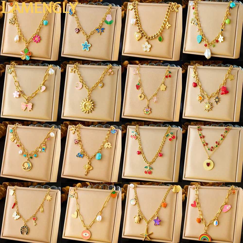 LAMENGLY 316L Stainless Steel Dopamine 5-Leaf Flower Bow Sun Heart Cherry Necklace Womens Novel Chic Neck Chain Holiday Gifts Z250614