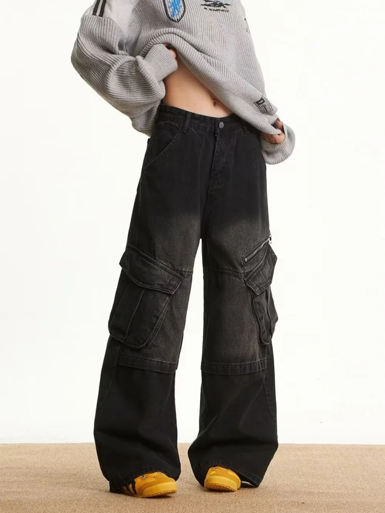 Cyber Y2K Streetwear Washed Black Baggy Cargo Jeans Pants For Women Clothing Multi Pockets Lady Cotton Trousers Womens Clothing 250612