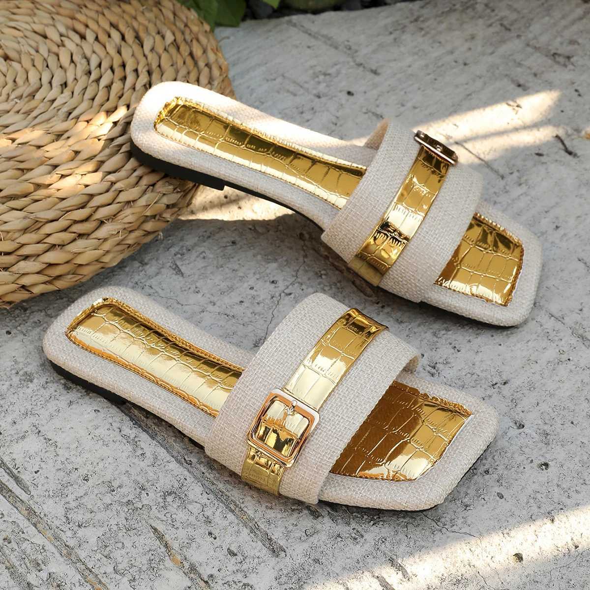 Fashion Metal Decor Flat Slippers Women 2025 Summer Non Slip Beach Sandals Woman Plus Size 43 Outdoor Slides Flip Flops Z250614