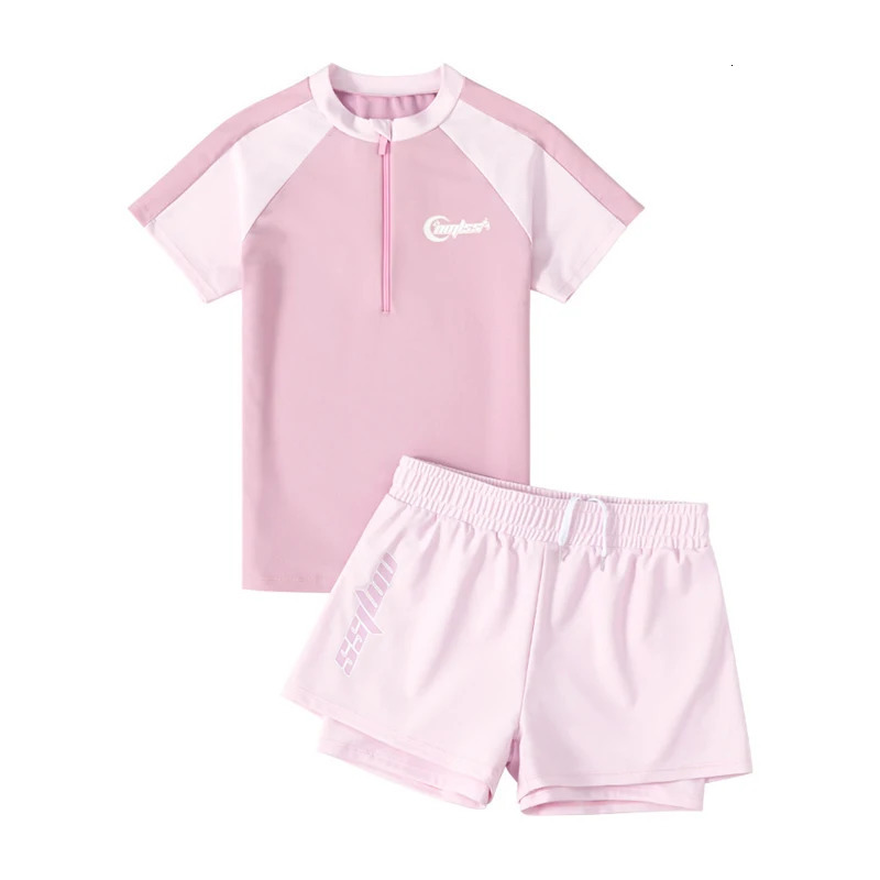 Two Piece Short Sleeve Bathing Suits For Teen Girls Swimsuit With -two Shorts Kids Swimwear Children Swimming Suit Beachwear 250614