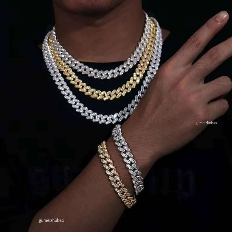 Hot Sale Rappers Hip Hop Jewelry 12mm Sterling Sier VVS Baguette Moissanite Dia Iced Out Cuban Link Chain Necklace