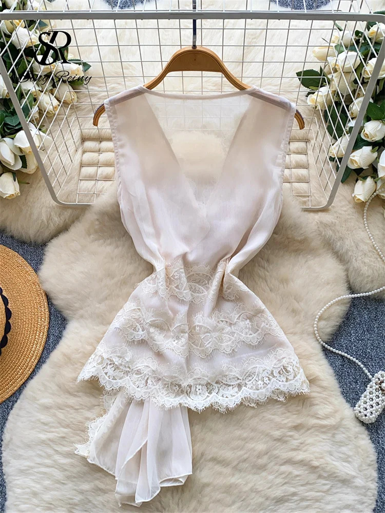 SINGREINY High Quality Lace Sexy Tank Top Women Sleeveless Up Patchwork Bohemian Slim French Style Thin Chiffon Blouse 250611