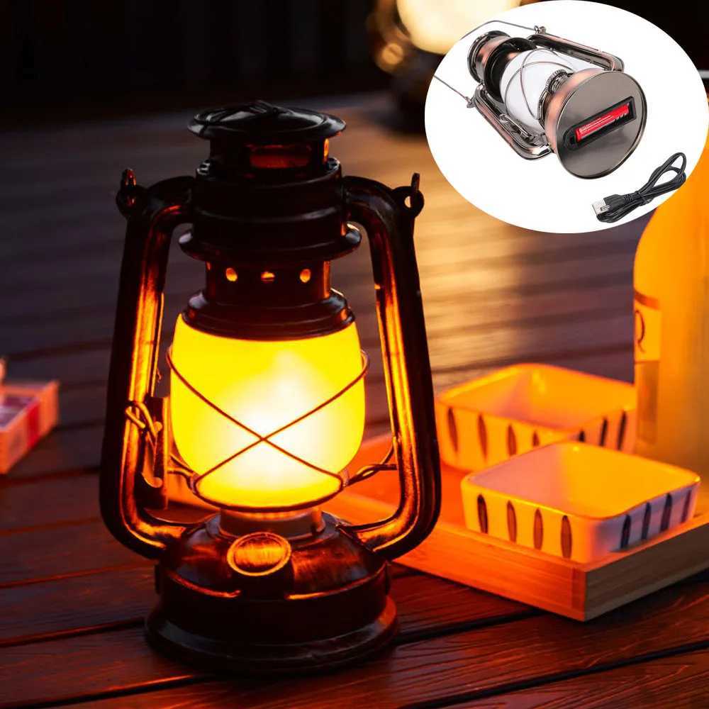 Vintage Camping Lantern LED Flame Light Battery Rechargeable USB Portable Hanger Fishing Lamp Dimming For Outdoor Garden Tent W250613