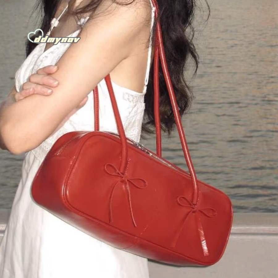 Niche Design Red Boston Bag for Women Fashion Versatile Bowknot Shoulder Underarm Baguette Handbag ddmynov