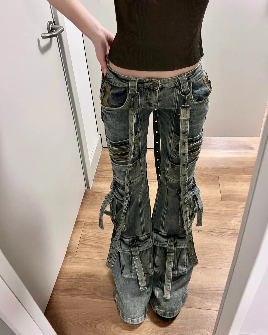 Women Abi Harajuku Y2K Streetwear Pants Low Rise Denim Goblin Core Flare Cargo Jean BellBottom Japanese Long Trouser 250612