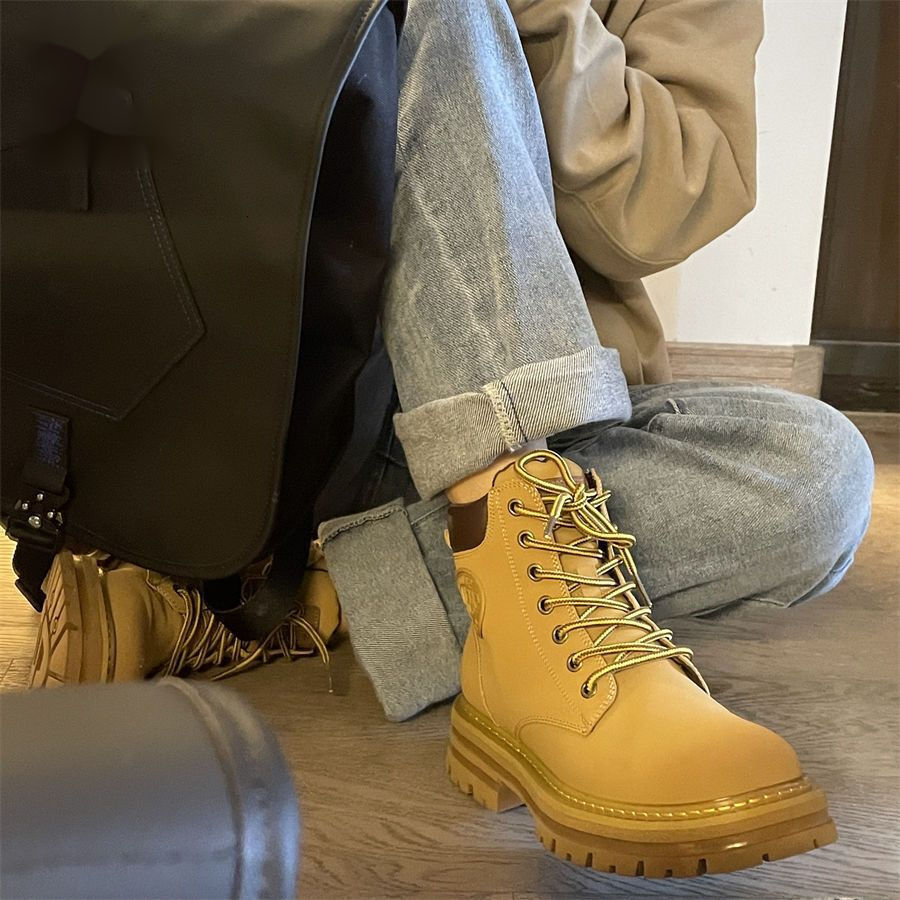 Ddmysports Autumn Winter New British Style Yellow High Appearance Versatile Martin Thick Sole Round Toe Short Boots Outdoor Shoes