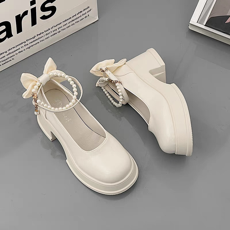 Ddmyoutdoor Round Toe White Pearl Chunky Heel Mary Jane For Women New Spring Autumn Niche JK Leather Shoes Outdoor Shoes