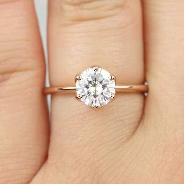 FOXI 1.25ct Round Brilliant Cut Moissanite Ring Rose Gold 925 Silver Unique 6 Prong Round Moissanite Solitaire Engagement Ring