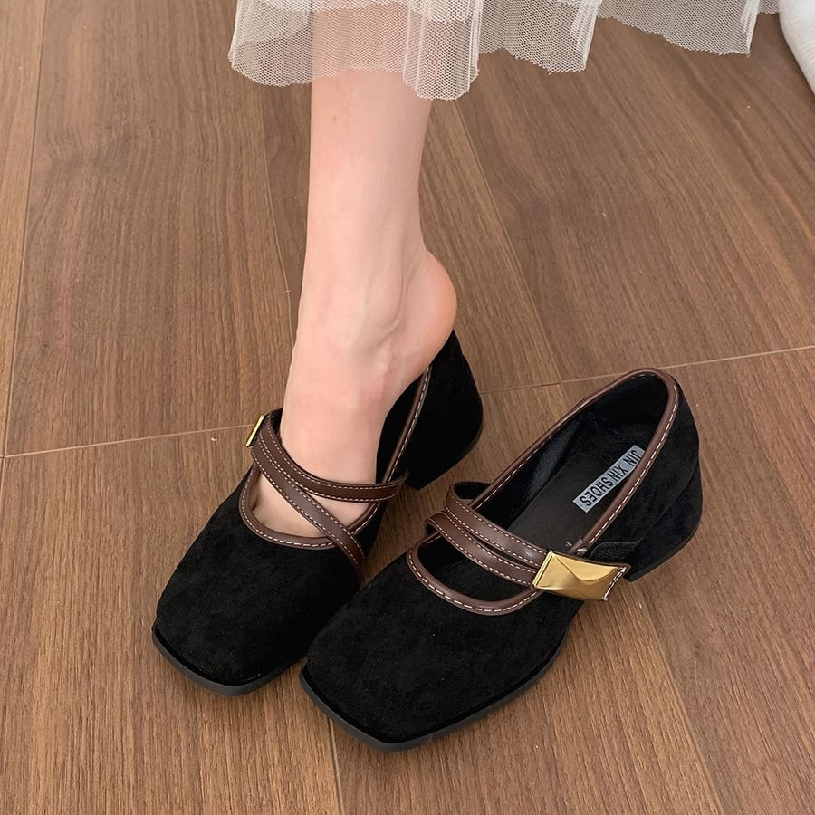 Ddmysports Spring New Square Toe Shallow Mouth Mary Jane Versatile Niche One Strap Chunky Heel Single Shoes High Heels Outdoor Shoes