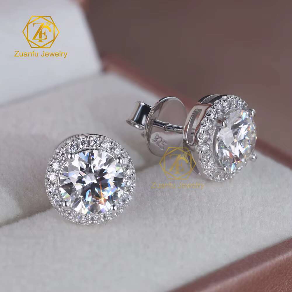 Wholesale Options Available Fine Luxury 925 Sterling Silver 5mm 6.5mm 8mm Moissanite Halo Earrings