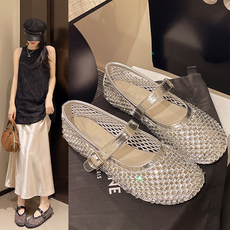 Ddmyoutdoor Ddmyoutdoor New Style Sparkling Diamond One Strap Flat Mary Jane Fashion Mesh Breathable Women S Ballet Shoes Outdoor Outdoor Shoes