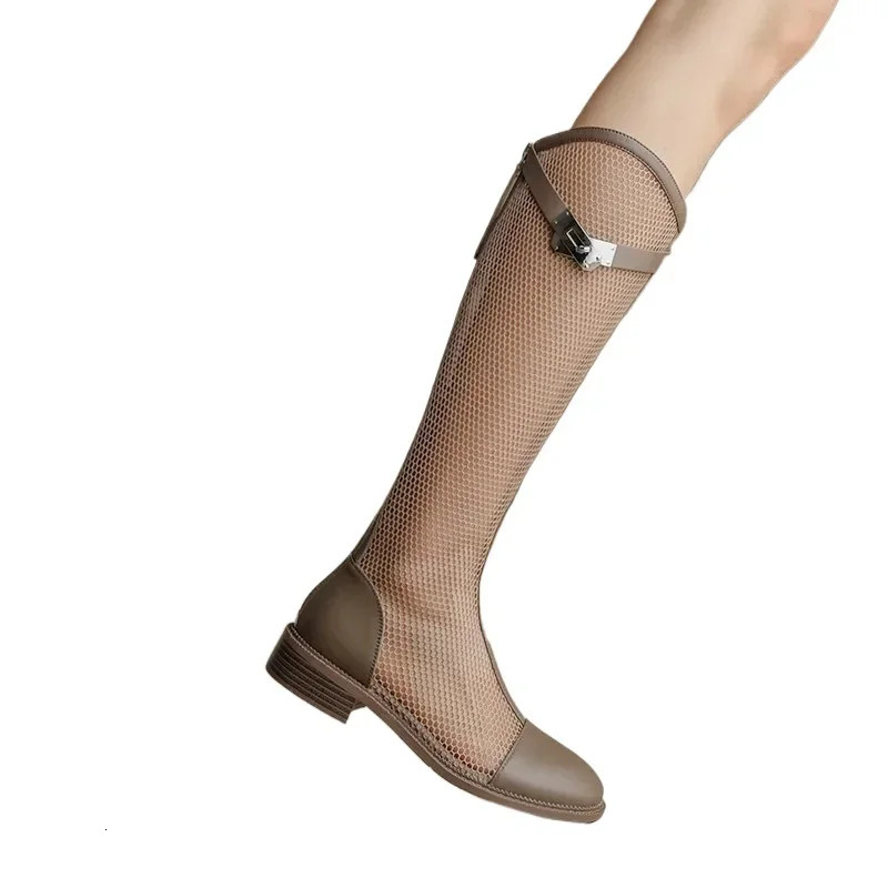 Female Summer Knee-high Mesh High Boots Women V-mouth Breathable Mesh Knight Boots Thick Heel Hollow Long Cool Boots Botas Mujer 250612