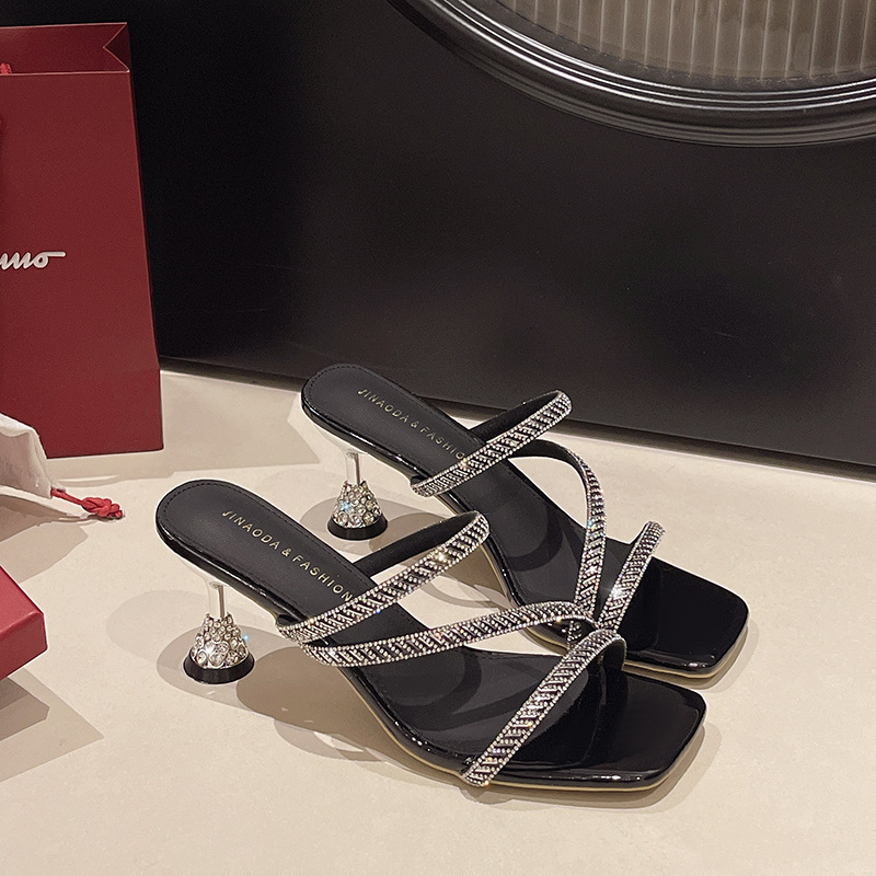 Ddmyoutdoor Rhinestone High For Women Summer Outdoor Fashion New Style To Match Dresses Fitting Room Thin Heel One Strap Slippers Outdoor Shoes