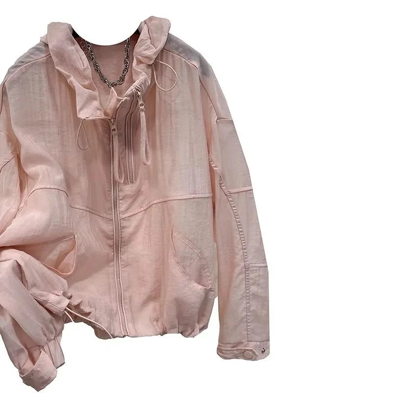 Casual Loose Hooded Short Sun Protection Clothing For Women Thin Breathable Jacket Summer Trench Coat 250611