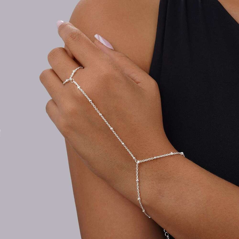 Women,Dainty 14K Gold/Sier Plated Finger Ring Chain Bracelet Cubic Zirconia Satellite Beads Hand Body Trendy Jewelry Waterproof Gifts for Her