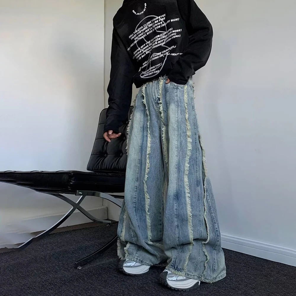 Mens Pants Heavy-Duty Frayed Edge Splicing Washed Worn Denim Jeans Autumn Hawaiian Vintage Baggy Wide Leg Pants Unisex 250612