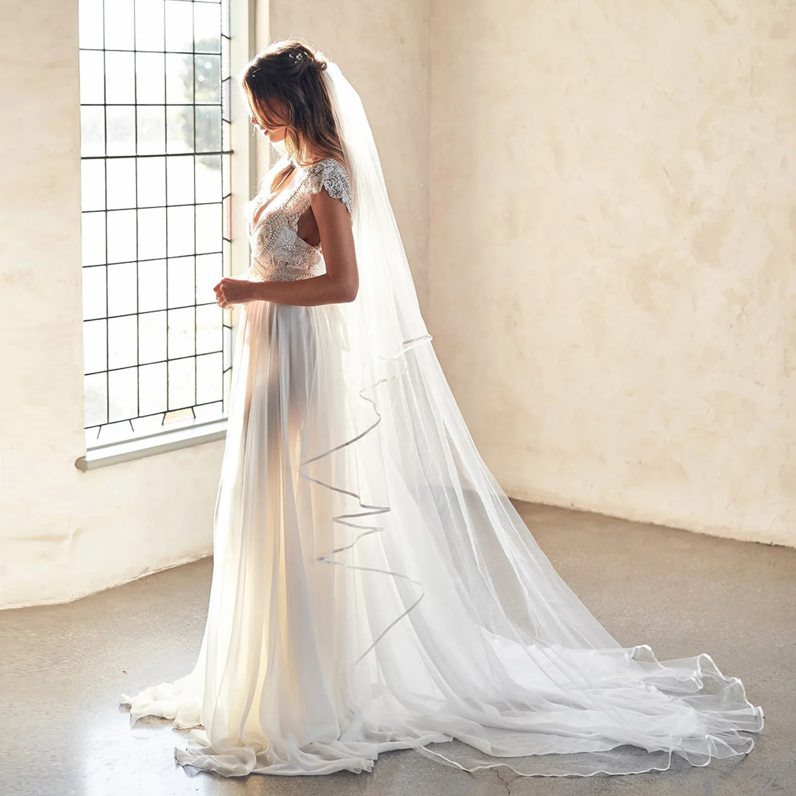 Wedding Veil Ribbon Edge 2 Tier Bridal Veils Wedding Cathedral Length Cover Front and Back Soft Italian Tulle Veil V97 250603