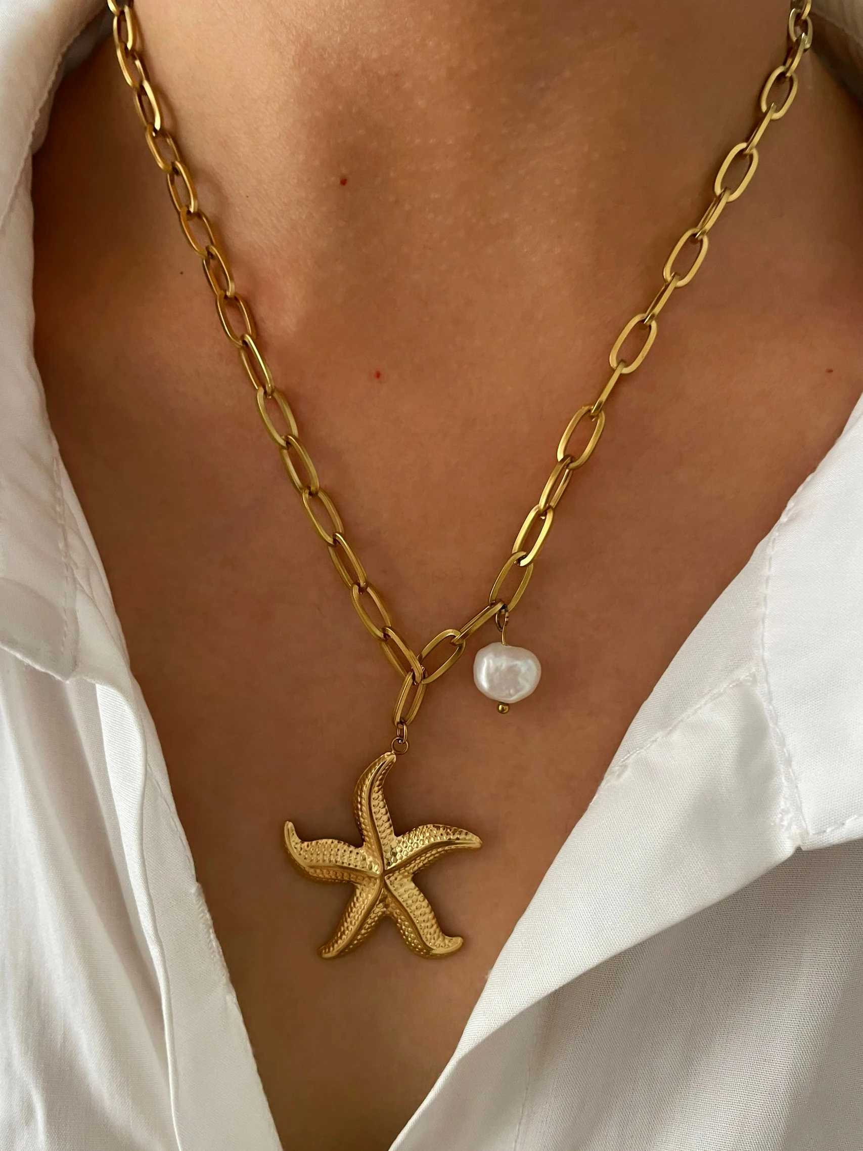 Perisbox 316L Stainless Steel Big Starfish Natural Freshwater Pearl Pendant Necklace for Women Trendy Summer Party Jewelry Gift Z250614