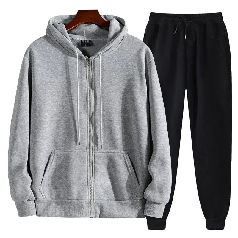 Mens Solid Suits Zipper Hoodies Pants Spring Autumn Casual Fitness Sports Elastic Male Clothes Outfit Drawsting Pants 250529