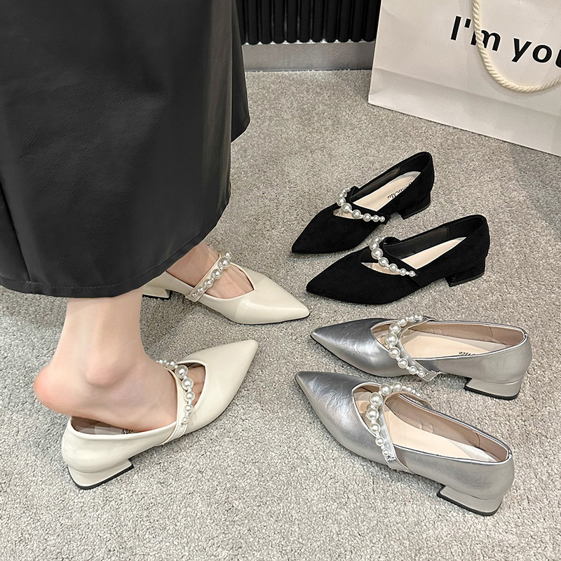 Ddmyoutdoor French Style Mary Jane For Women Spring Summer New Pearl Strap Pointed Toe Dress Shallow Mouth Single Shoes Outdoor Shoes