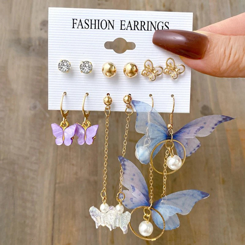6 Pairs Korean Charm Gold Butterfly Stud Earrings Set For Women Girls Fashion Metal Long Tassel Chain Pierced Earrings Jewelry 250610