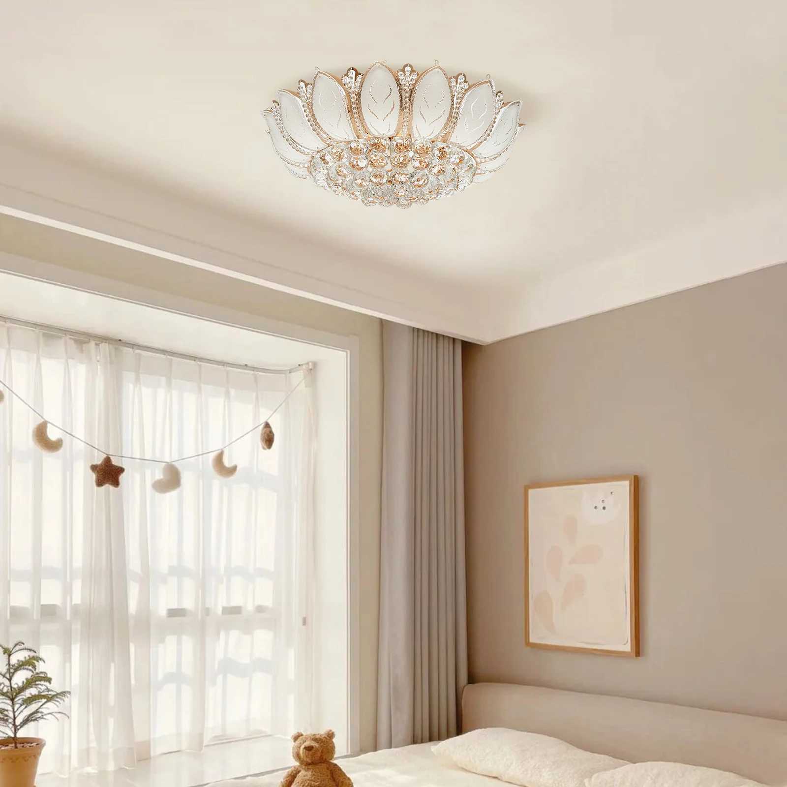 Modern Crystal Chandelier Dimmable Luxury Flush Mount LED Ceiling Lamp - Lotus Flower Shape Pendant Lighting Fixture 110V Gold XJ2500613