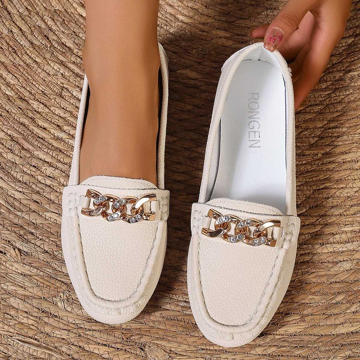 Spring Autumn New Bean Shoes Female Women Round Head Low Heel Knot Chain Casual Footwear Mother Shoes Lady Loafer XJ250614