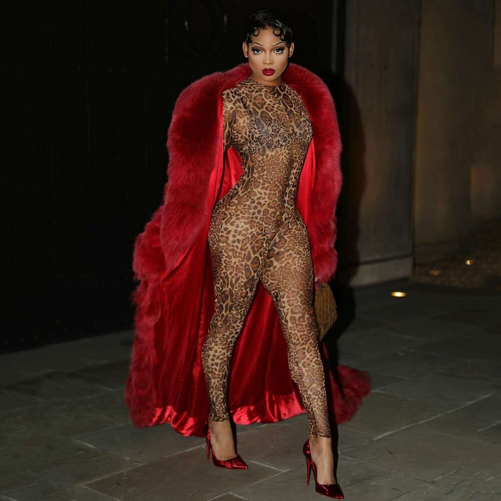 New Slim Fit Fashion Sexy Leopard Print Wild Girl Sheer Mesh Jumpsuit Bodysuit B5