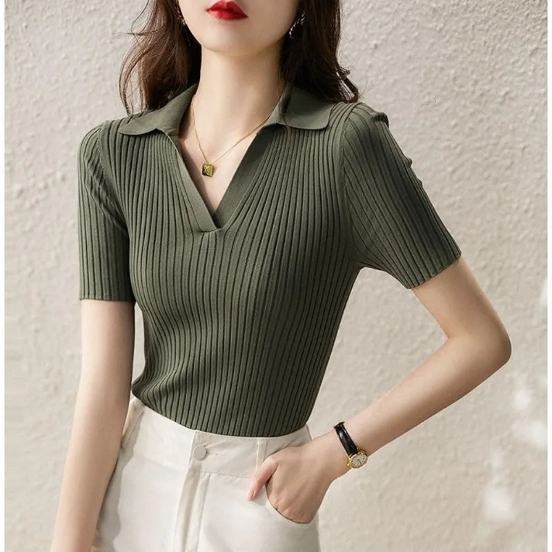 Womens Polo Shirts Slim Knitted Female Tee Plain T-shirts Korean Style Aesthetic Pulovers Casual Tops Short Sleeve 250609