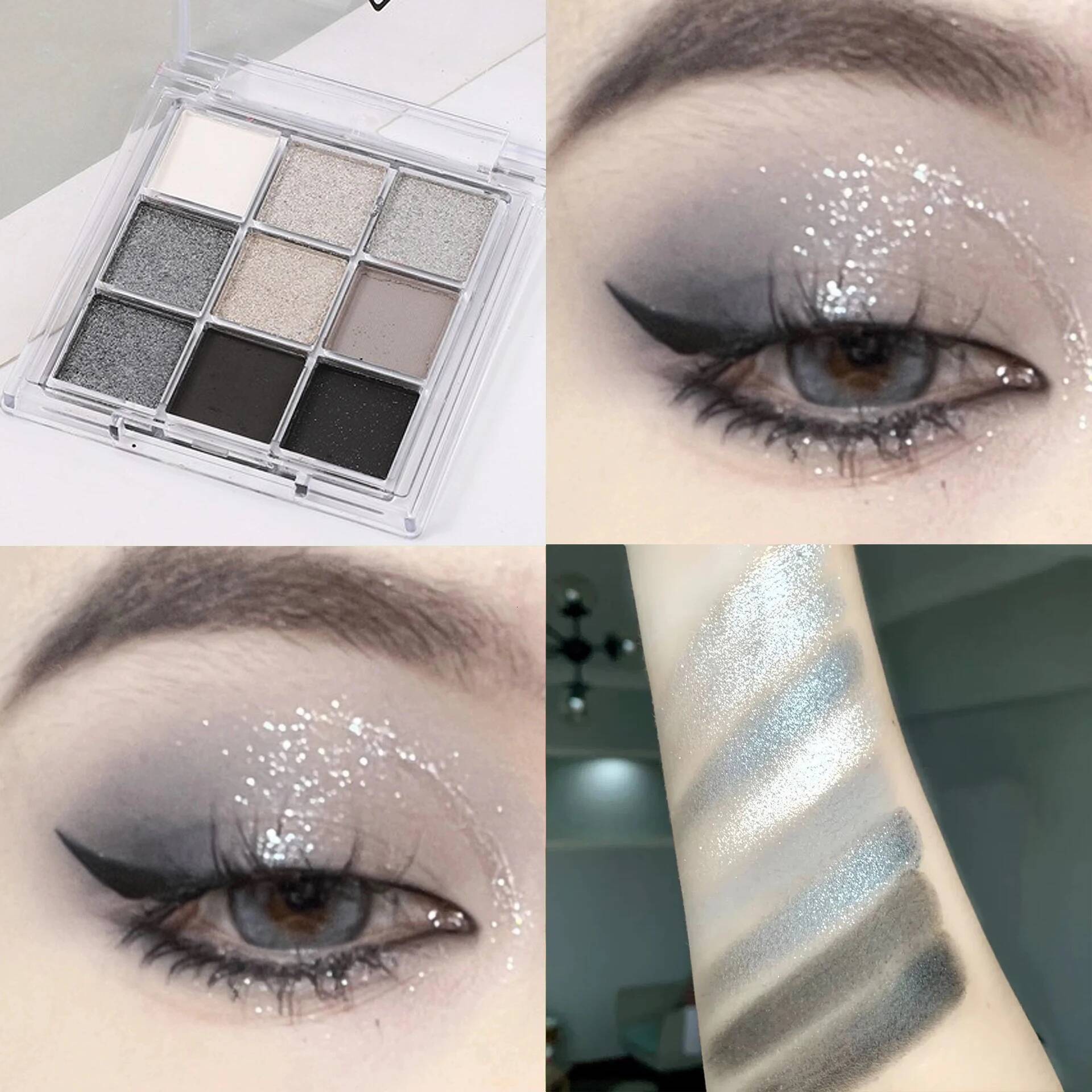 Cement Ash Smoky Eyeshadow Palette Dark Punk Black Metal Pearl 9 Color Eye Shadow Tray White Sier Bright Silkworm Shiny Makeup