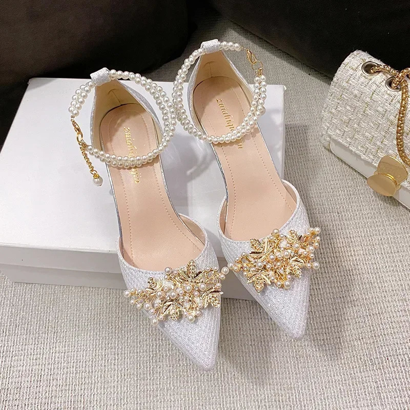 Ladies Shoes on Sale Fashion Pointed Metal Beaded Solid Womens High Heels Summer Leisure Banquet Women Wedding Pump 2024 250613