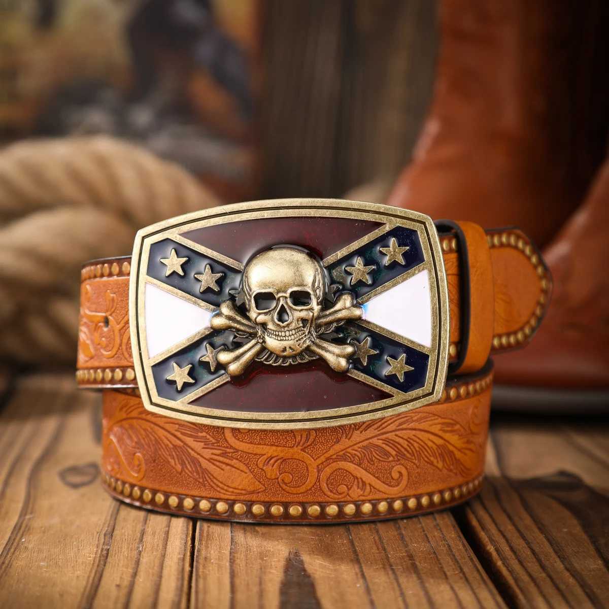 A classic retro PU material embossed belt metal plate buckle men and wen the same daily casual delivery punch nails X2506141