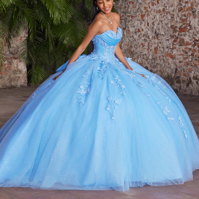 Sky Blue Shiny Quinceanera Dresses Ball Gown Off The Shoulder Applique Lace Beading Crystal Bow Tull Sweet 16 Dress Vestidos 15 De Anos