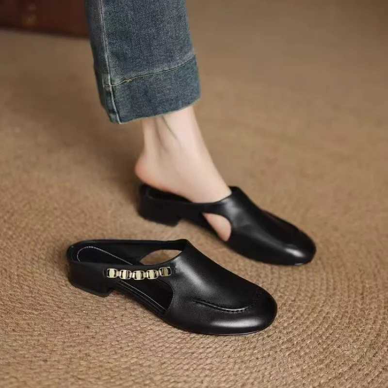 Womens Stylish Genuine Leather Mule Loafers with Metal Buckle Low Heel Slip Flats Casual Driving Shoes XJ250614