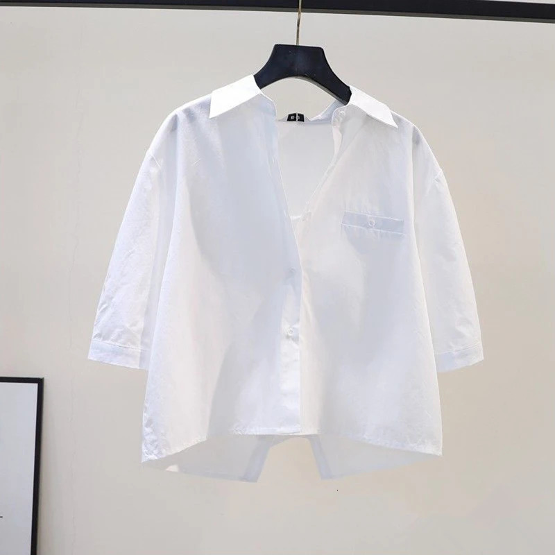 OL Back Split White Shirts Casual Chic Korean For Womens Clothes Blouses Short Sleeve Tops Preppy Style Basic Top Solid 250614