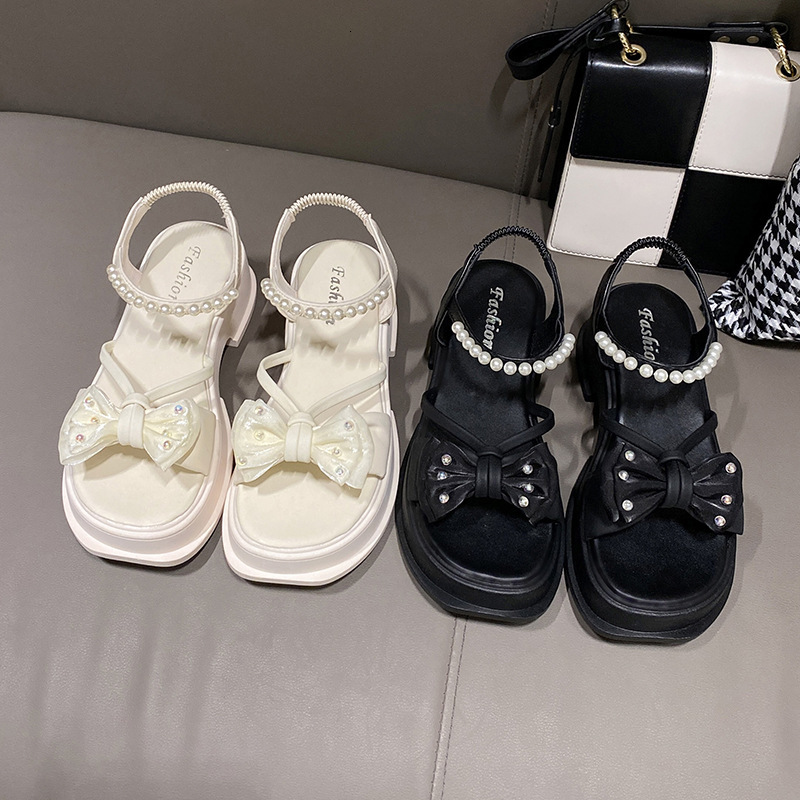 Ddmyoutdoor High Heel Sandals For Women New Summer Bowknot Fairy Style Thick Sole Pearl Strap Fashion Roman S Shoes Outdoor Shoes