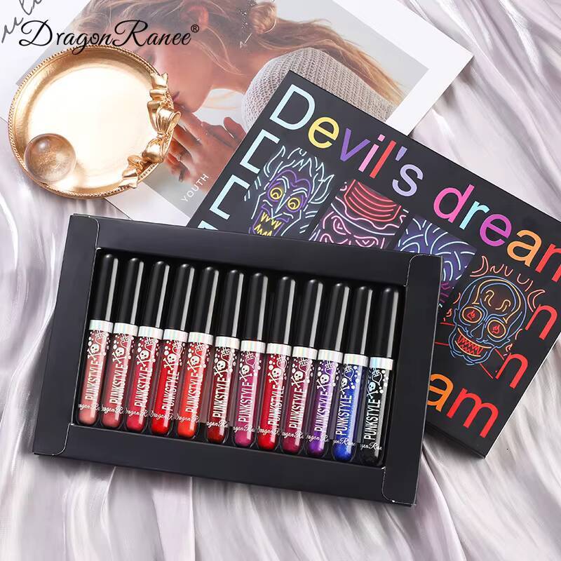 12 Colors Box Glitter Gloss Set Lipstick Diamond Waterproof Long Lasting DIY Lipgloss Kit with Lip Tint for Halloween Makeup happy