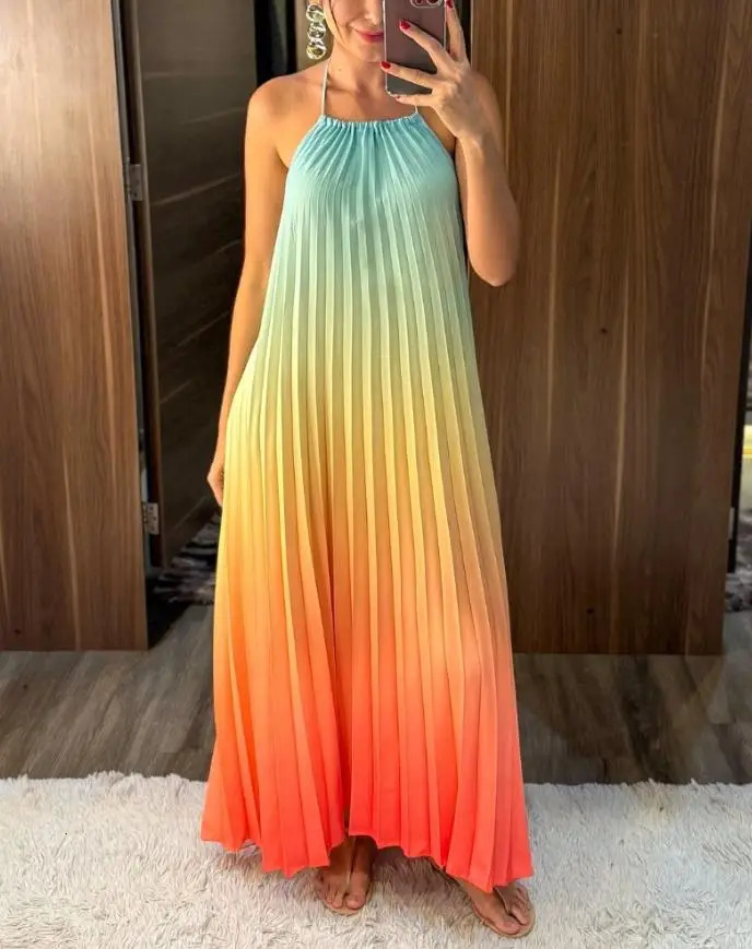 Womens Long Dress Ombre Printed Backless Sleeveless Gradient Color Casual Hollow Out Pleated Vacation Maxi Dresses Summer 250611