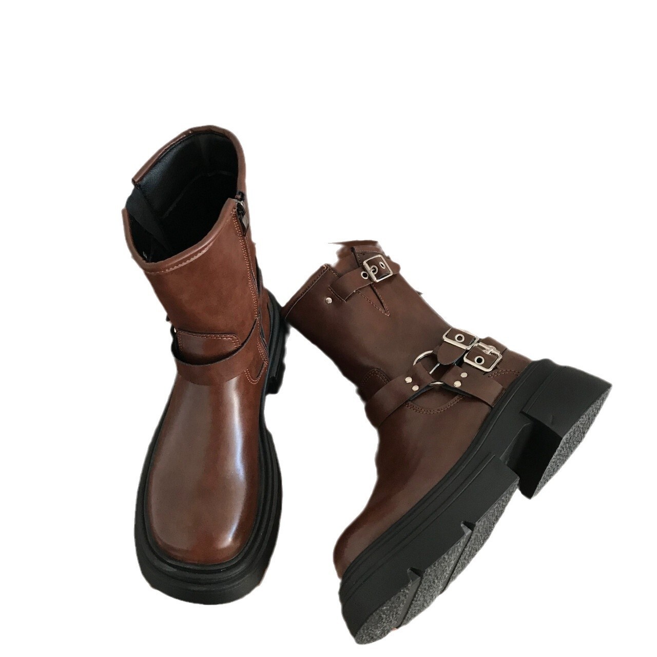 Ddmysports Autumn Winter New British Style Brown Thick Soled Mid Calf Martin For Women Western Denim Short Boots Outdoor Shoes